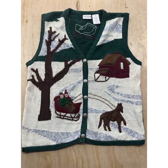 Vintage Bobbie Brooks Winter Sleigh Beaded Christmas Vest Grandma Chic Size M - Picture 1 of 7